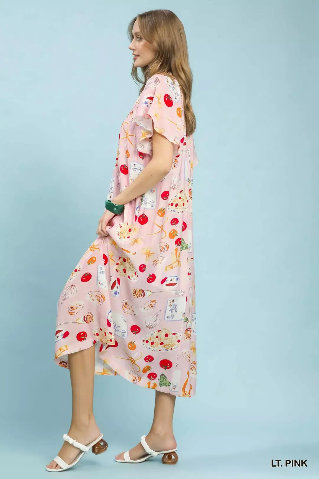 Umgee Light Pink Abstract Print Flutter Sleeve Midi Dress