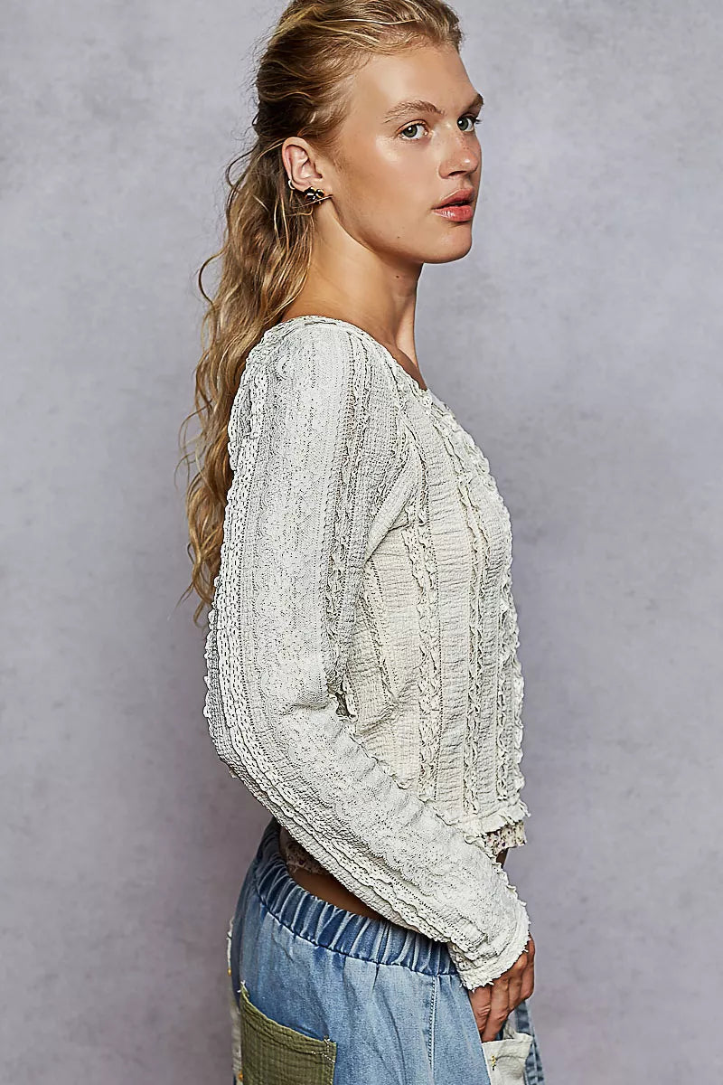 POL Cream Texture Long Sleeve Blouse with Floral Ruffled Details