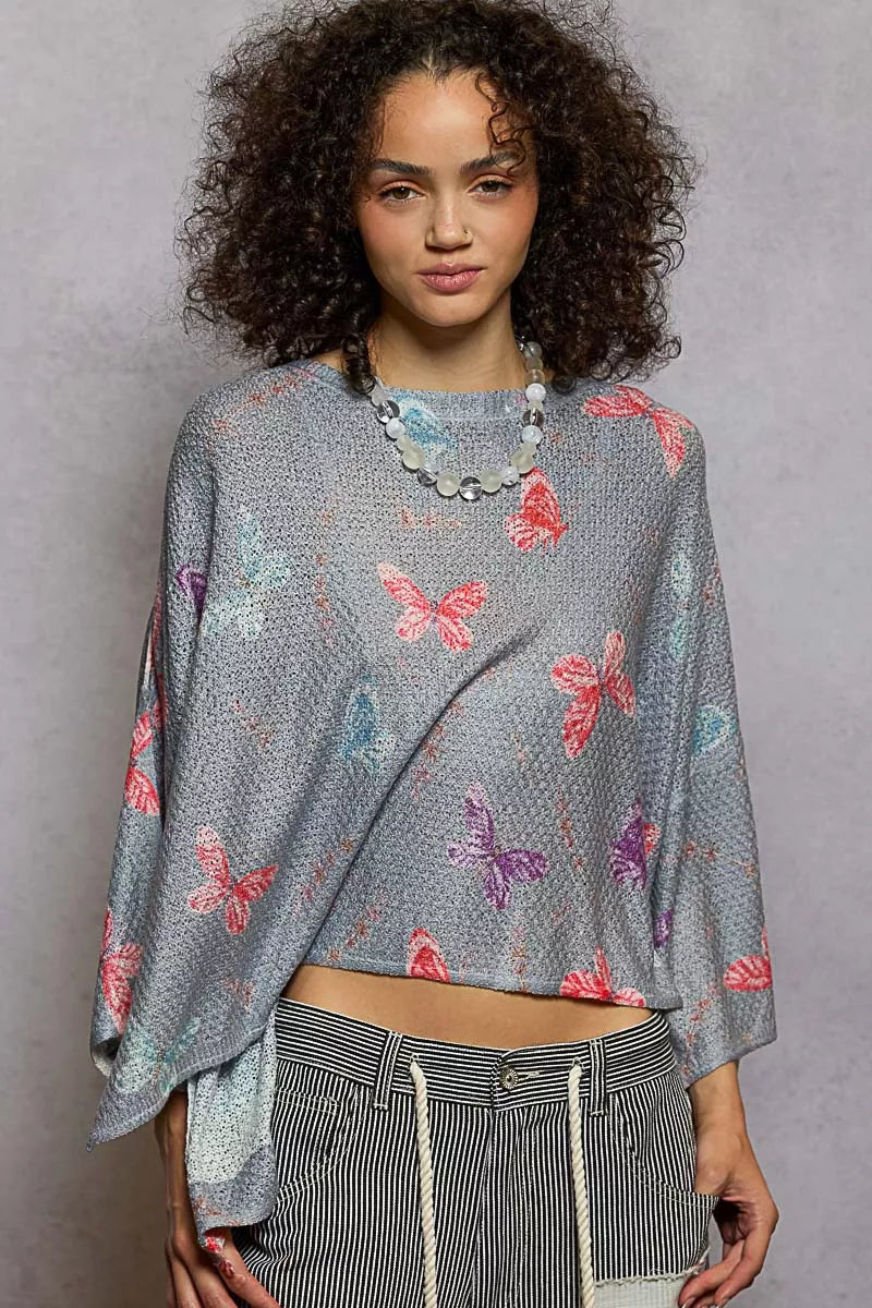 POL Heather Grey Butterflies Pattern Round Neck knit Top with Outseam Rolling Edge