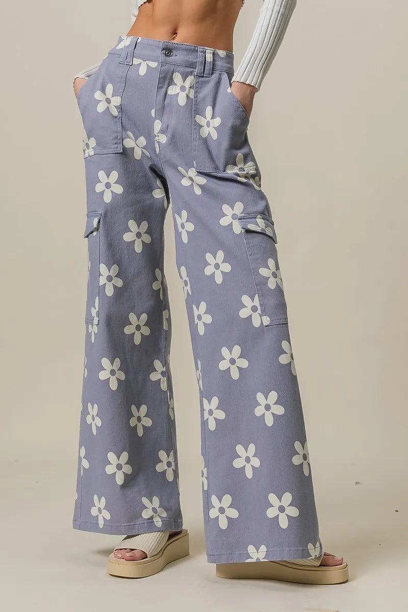 BiBi Dusty Lavender Flower Printed Side Pocket Wide Pants