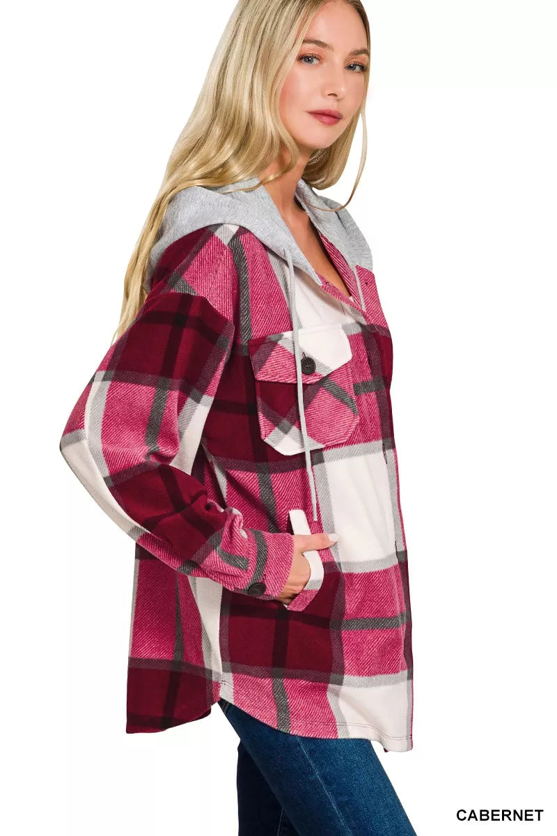 Zenana Cabernet Plaid Drawstring Hooded Fleece Shacket