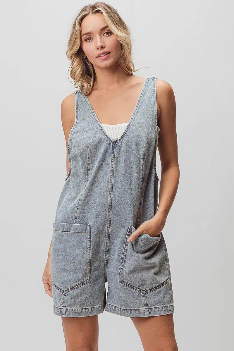 BiBi Patch Vintage Washed Denim Shortall LT DENIM