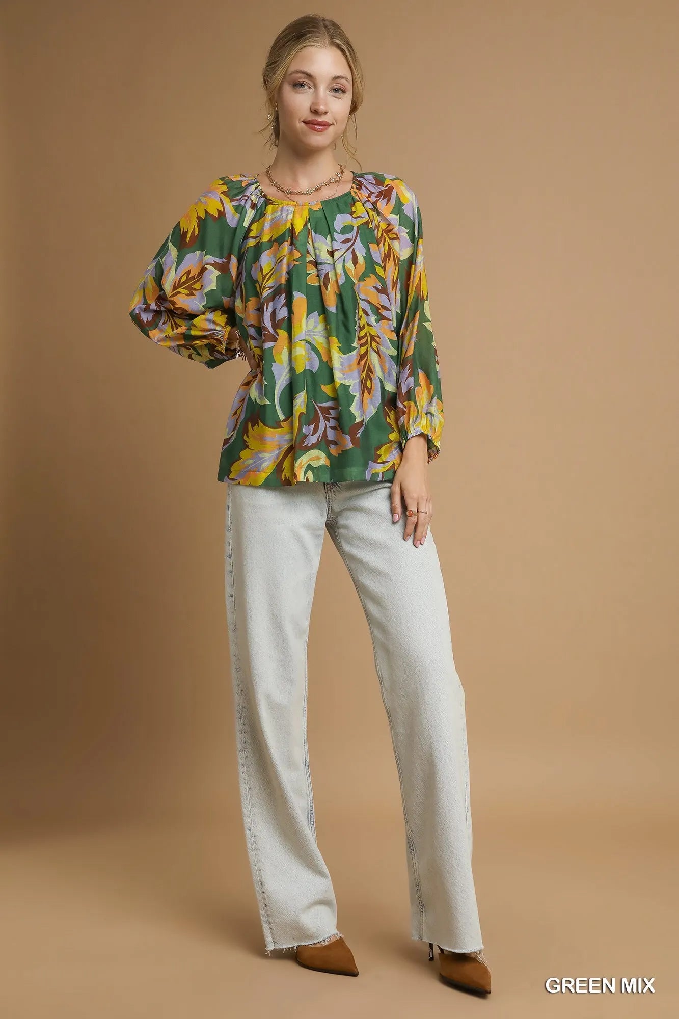 Umgee Green Mix Abstract Print Balloon Sleeve Blouse