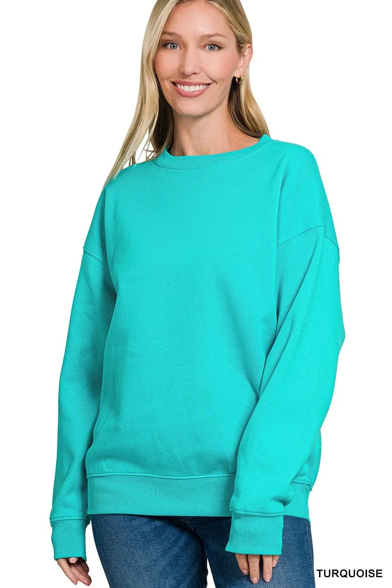 Zenana Turquoise Soft Fleece Pigment Dye Round-neck Sweatshirt
