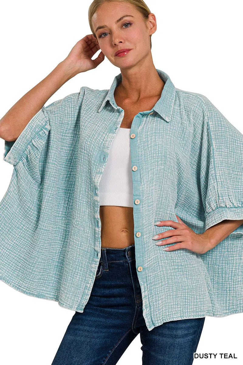 Zenana Washed Double Gauze Button Down Half Sleeve Shirt – Dusty Teal