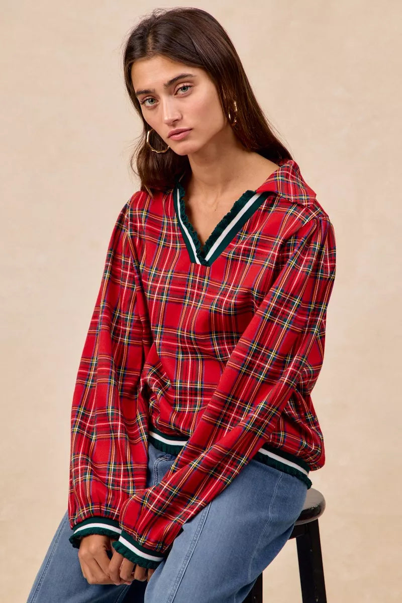 BiBi Christmas Red Plaid Collared Top with Ruffled Detail