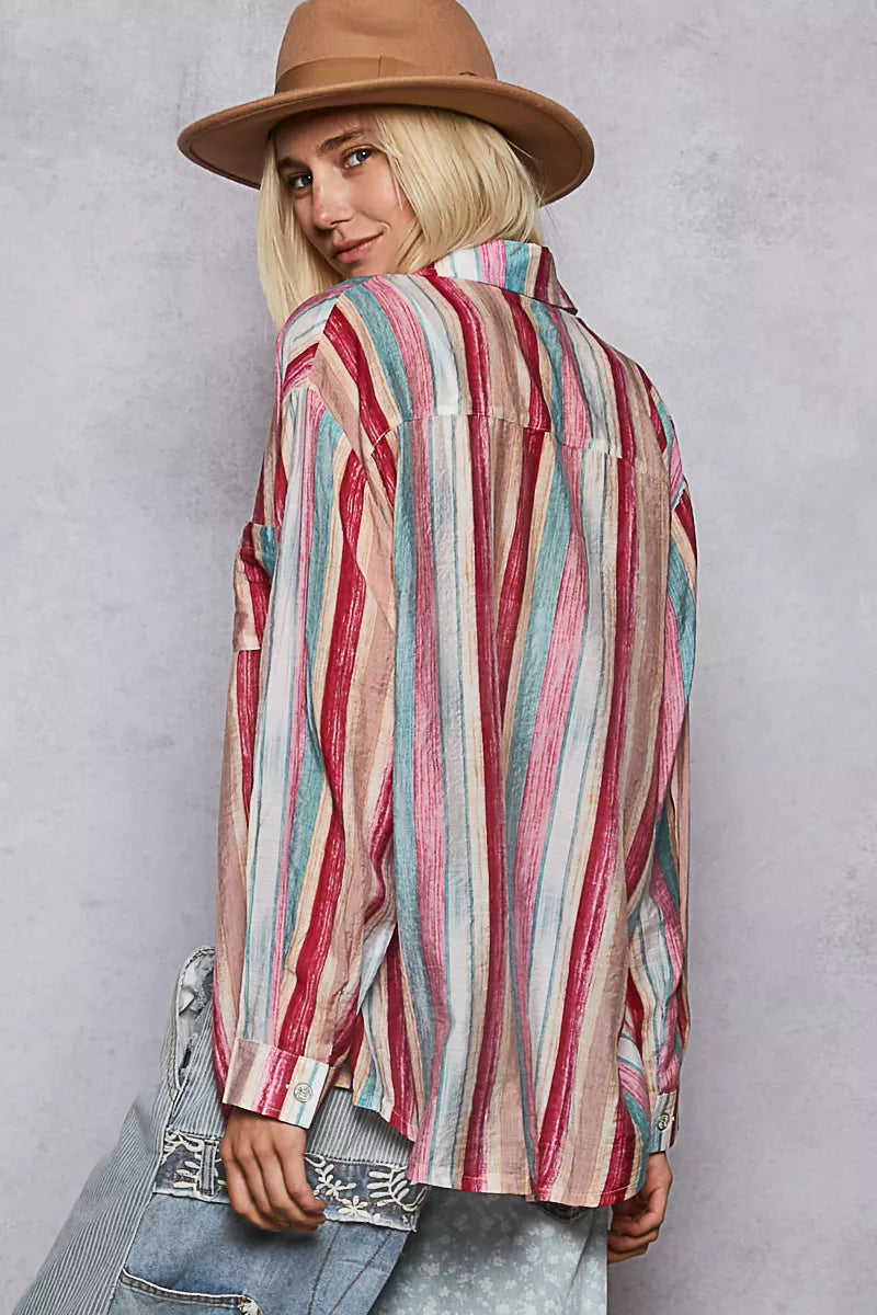 POL Pink Multi Striped Button-Down Oversized Shirt