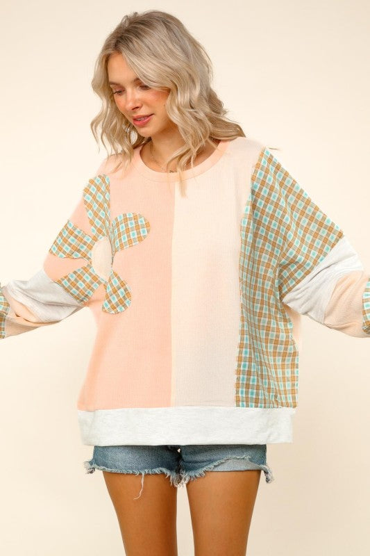 Haptics Haptics Round Neck Bubble Long Sleeve Plaid Flower Patch Color Block Pullover in Peach / Oatmeal