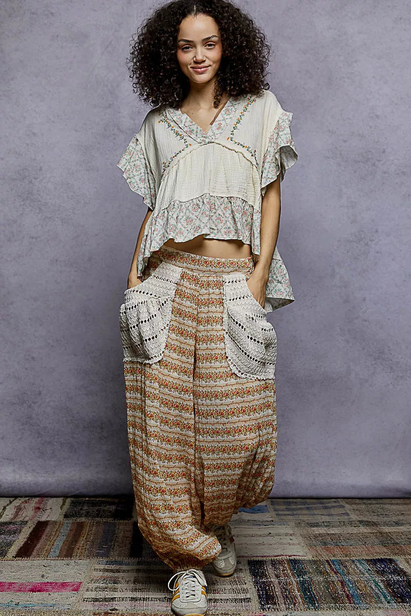 POL Floral V-Neck Short Sleeve Ruffled Double Gauze Blouse with Embroidery Detail