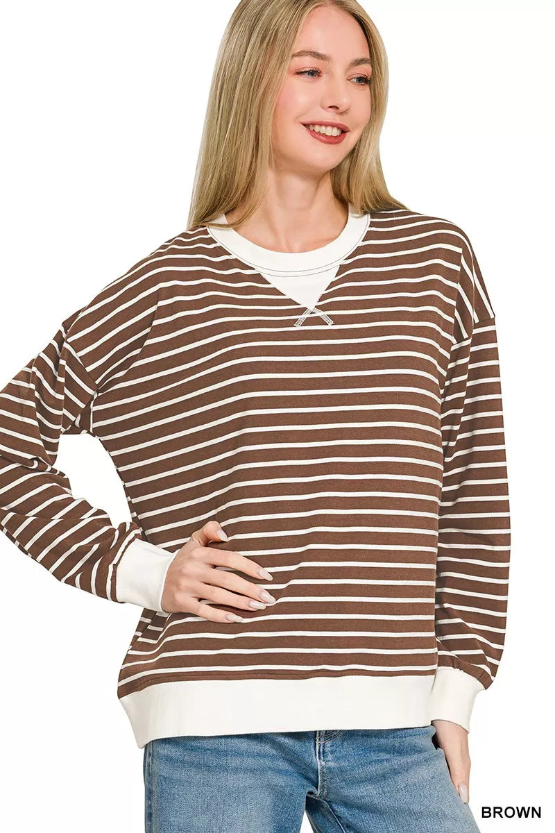Zenana Brown Contrast Striped Round Neck Sweatshirt