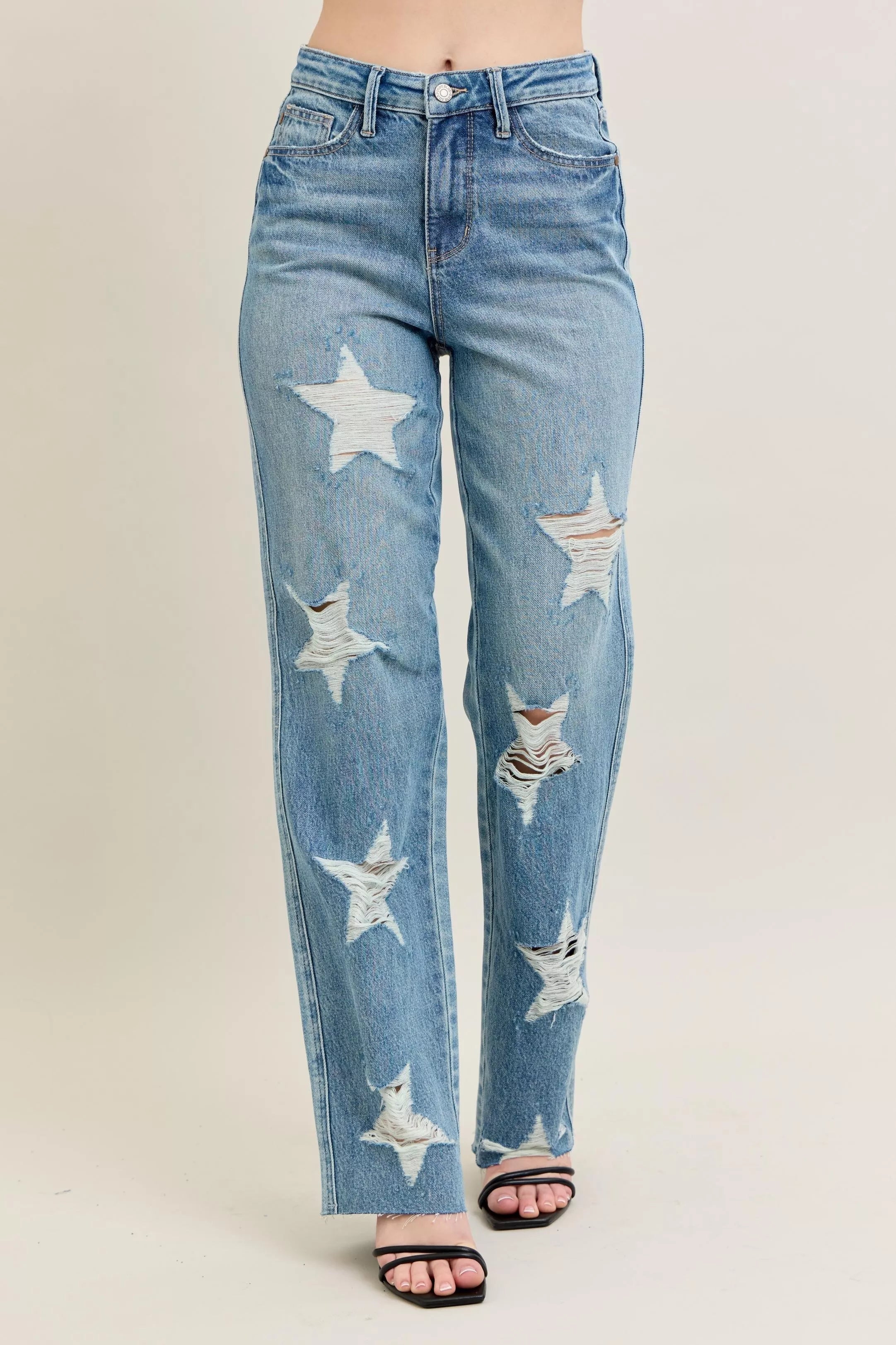 Judy Blue High Waist Rigid Magic Star Shaped Destroyed 90's Straight Jeans