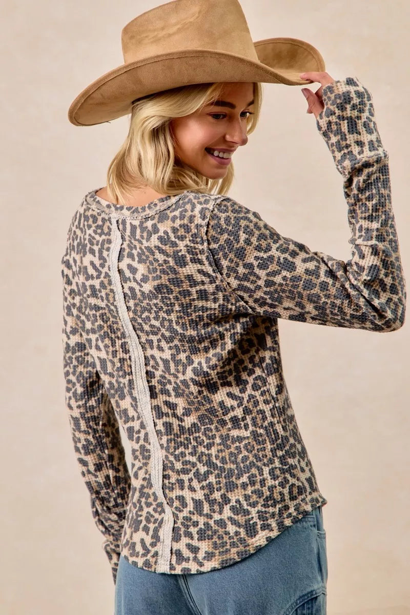 BiBi Leopard Print Washed Waffle Thermal Top with Thumbholes
