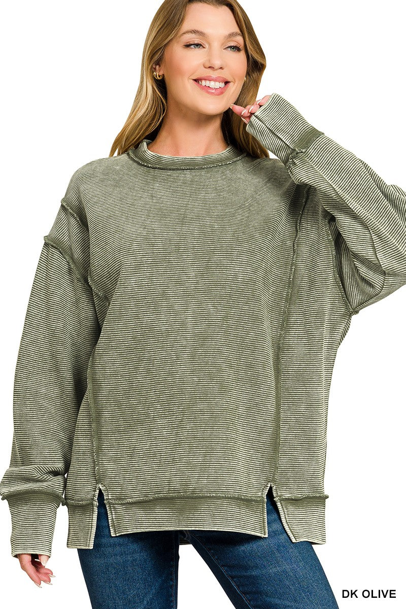 Zenana Dark Green Acid Washed Double Ribbed Exposed-Seam Sweatshirt DK OLIVE