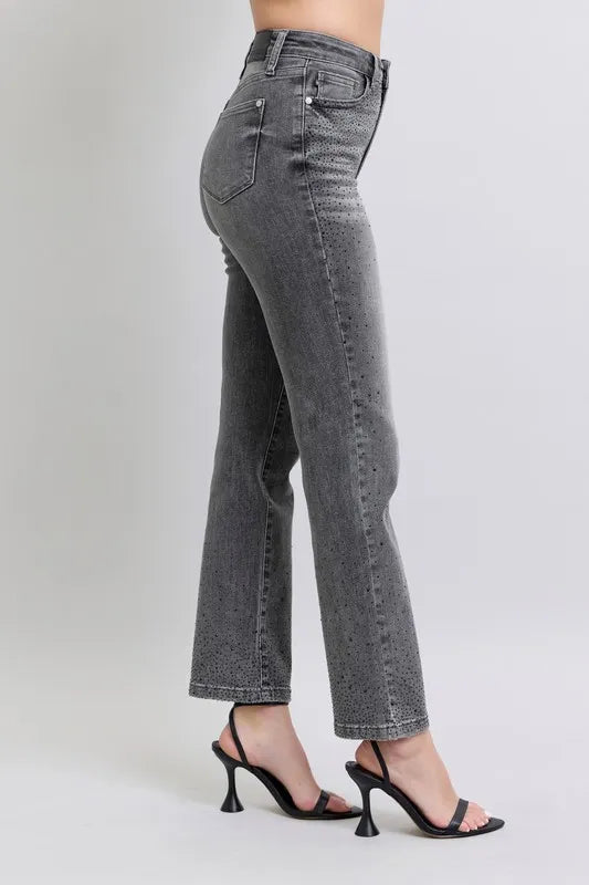 Judy Blue Gray High Waist Rhinestone Straight Jeans