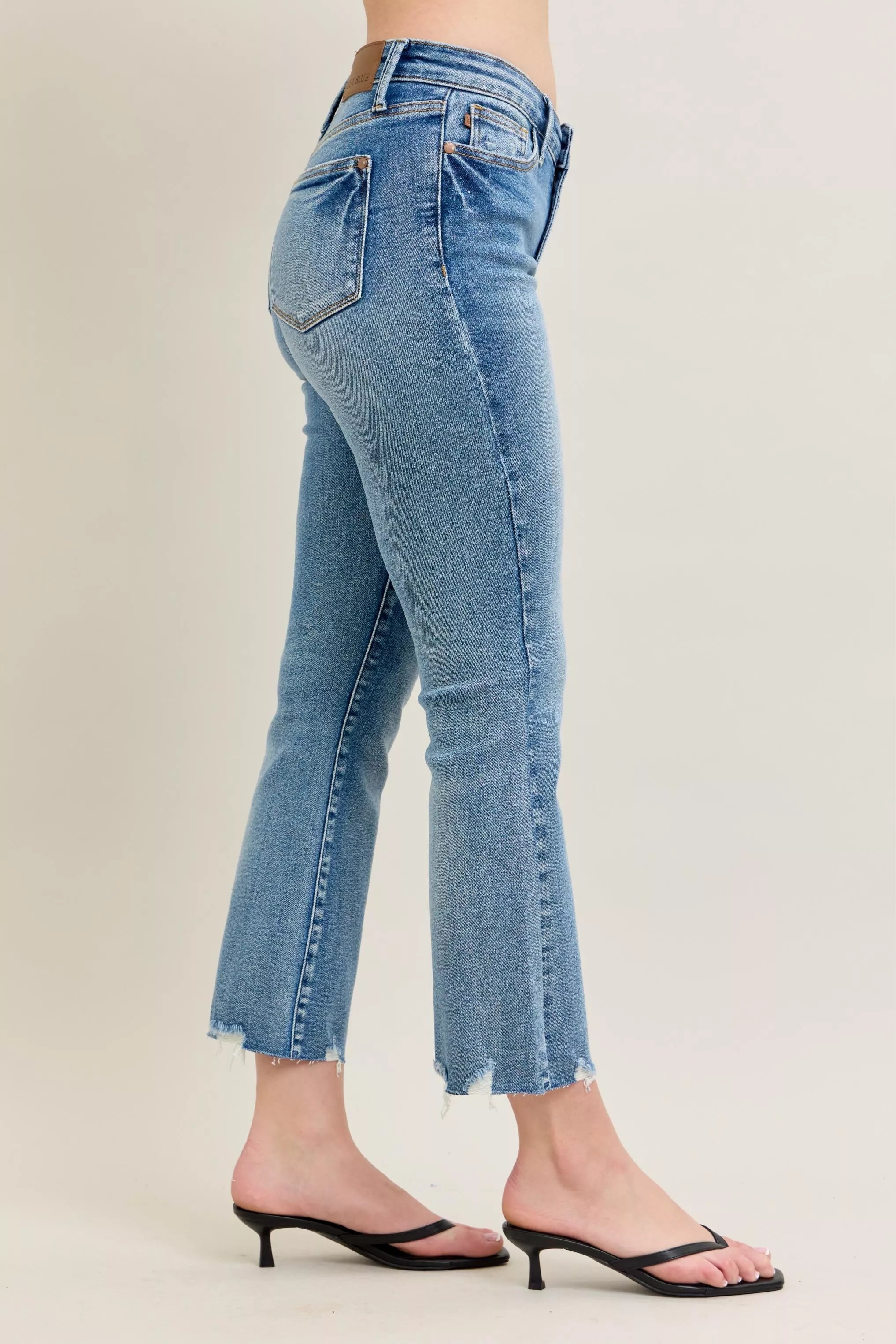 Judy Blue Mid-rise Vintage Wash Destroy Hem Kick Flare Jeans