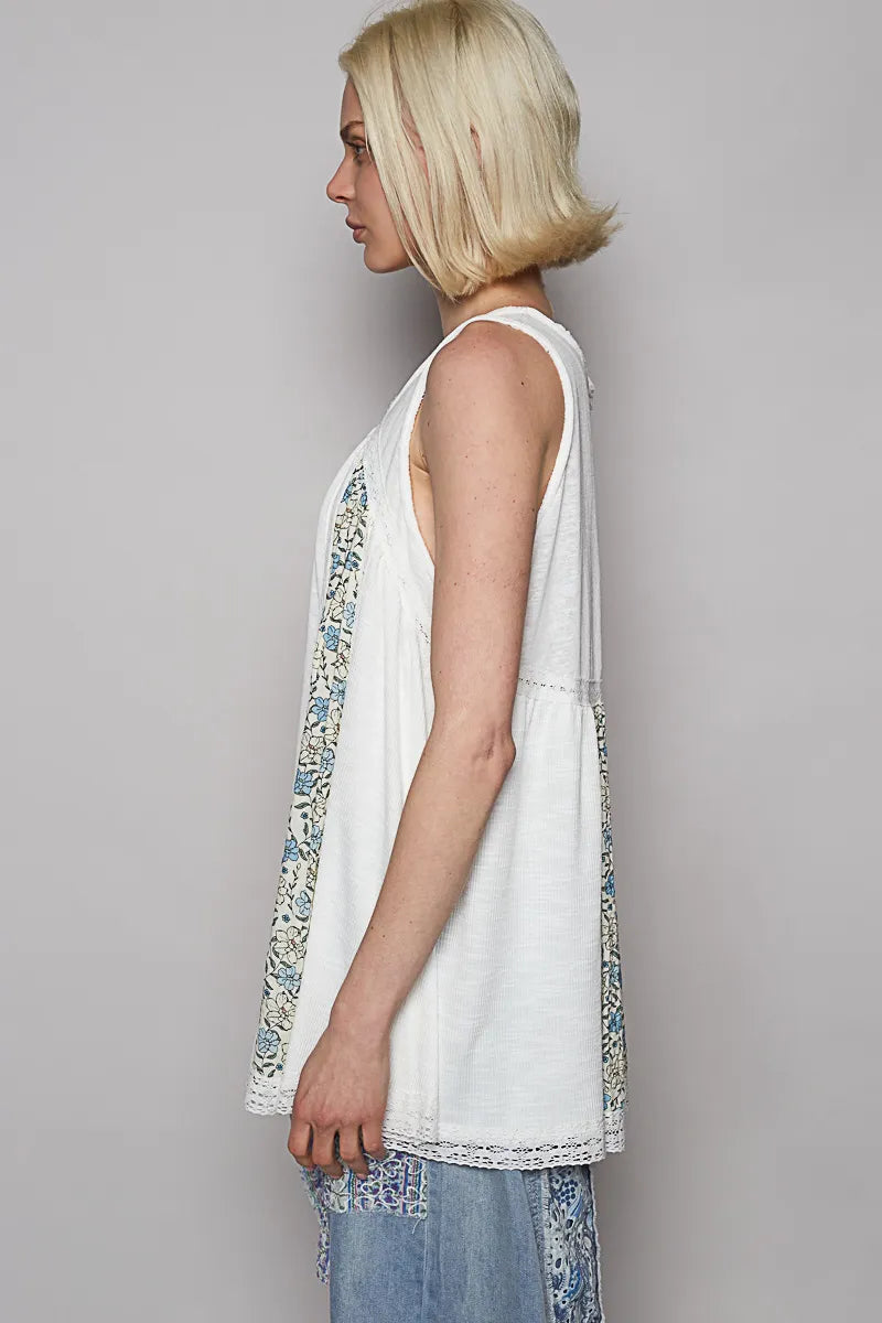 POL Off White V Neck Sleeveless Tank Top with Lace Detail