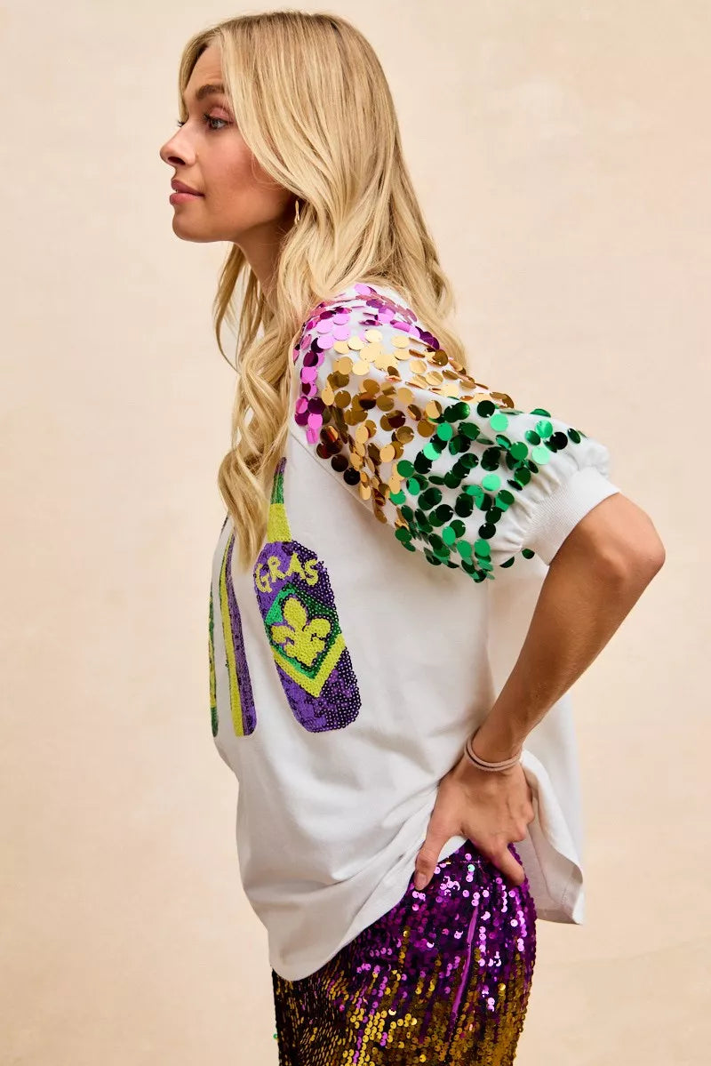 BiBi Sequin Mardi Gras Bottles Spangled Sleeve Top