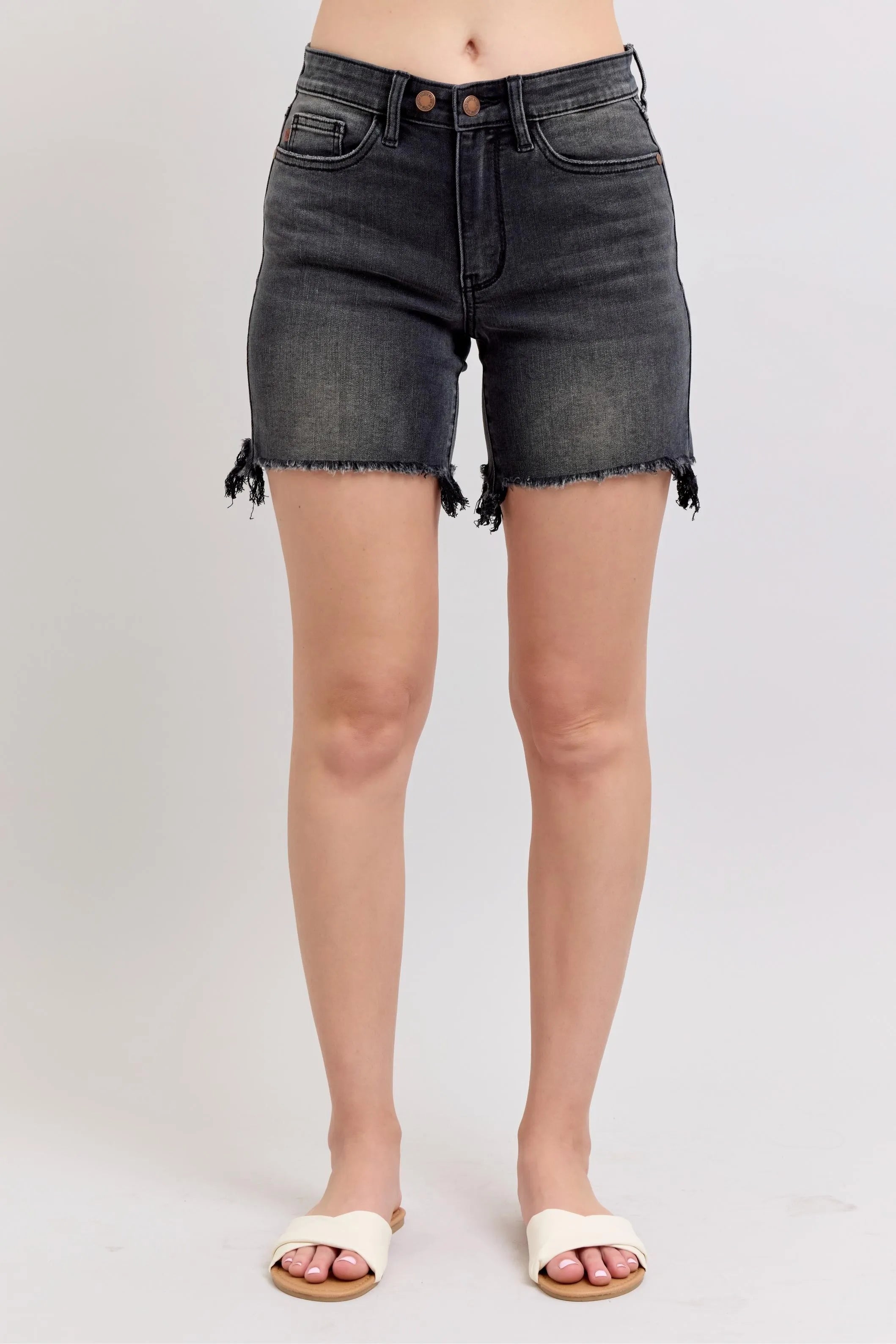 Judy Blue Long Cut Off 2 Button Dad Denim Shorts Black