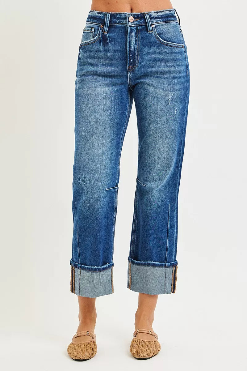 RISEN High Rise Straight Jeans with Distressed Hem