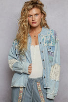 POL Printed Woven Mix Raw Hem Jacket with Lace Detail Pastel Blue