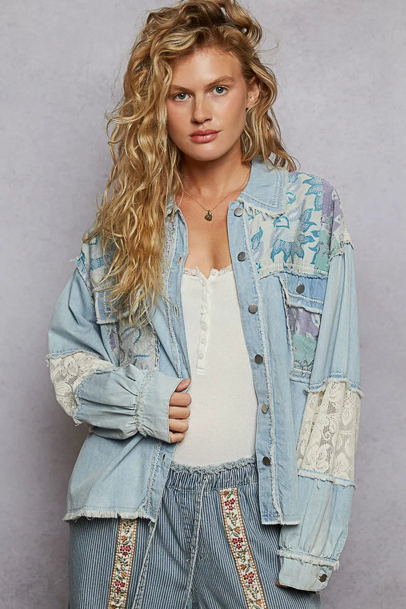 POL Printed Woven Mix Raw Hem Jacket with Lace Detail Pastel Blue