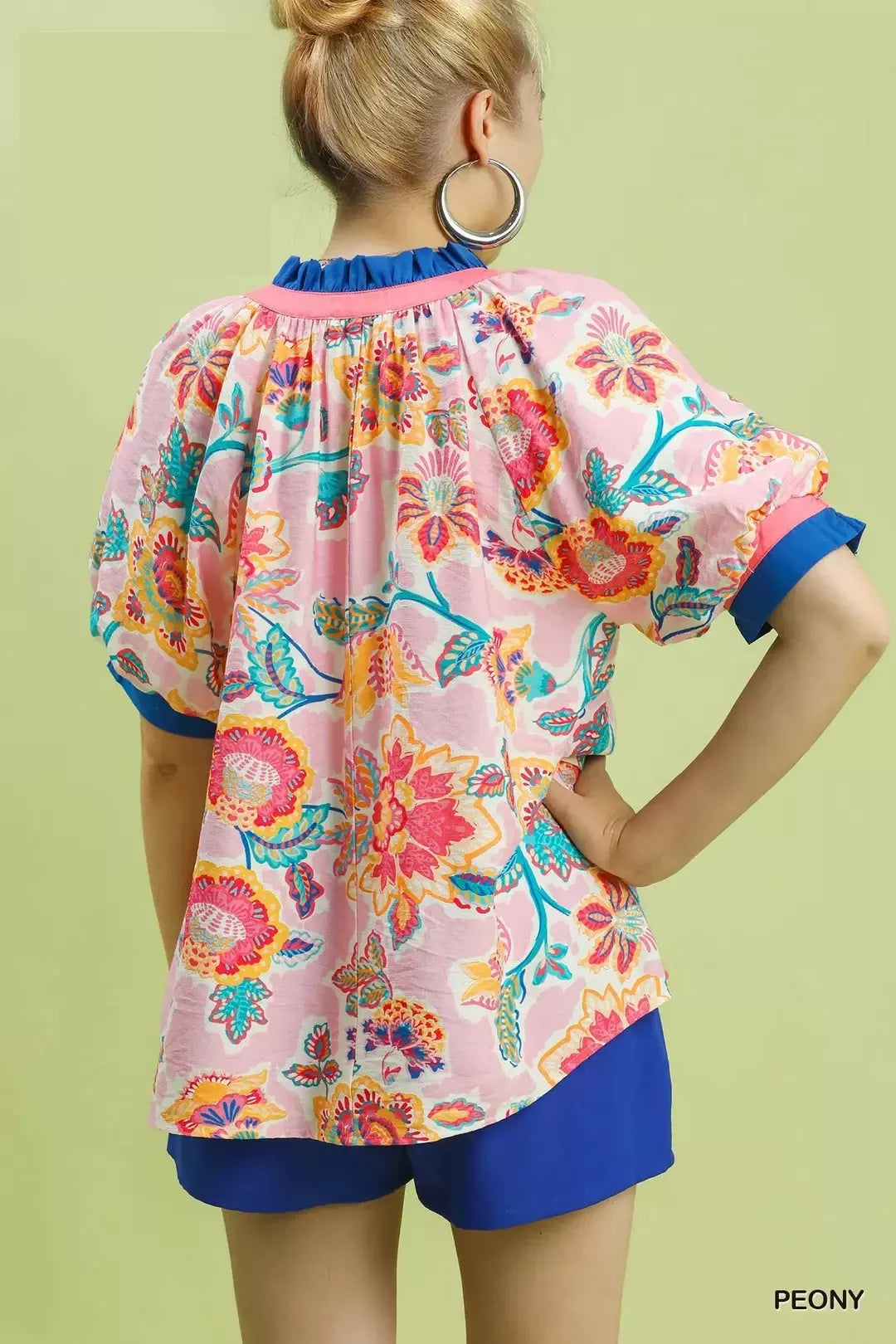 Umgee Peony Floral Print Ruffled Short Sleeve Blouse