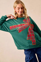 BiBi Plaid Ribbon Bow Detail Christmas Fleece Pullover – Green/Red Plaid