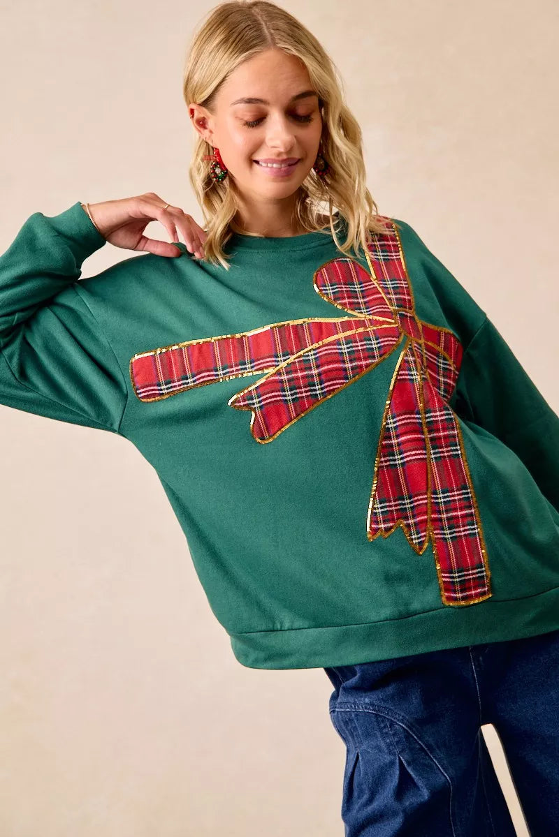 BiBi Plaid Ribbon Bow Detail Christmas Fleece Pullover – Green/Red Plaid