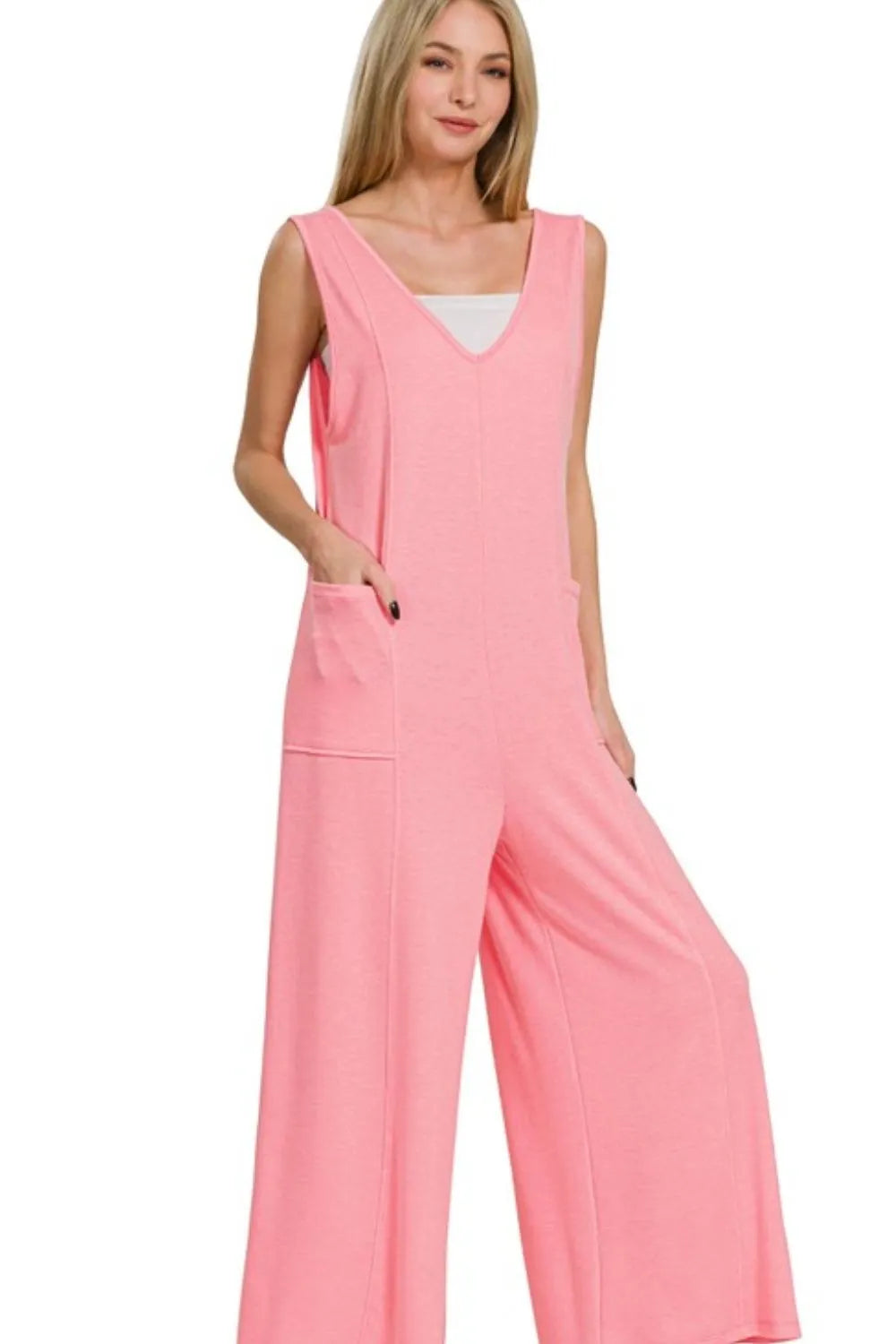 Zenana Dark Pink French Terry Deep V Neck Jumpsuits