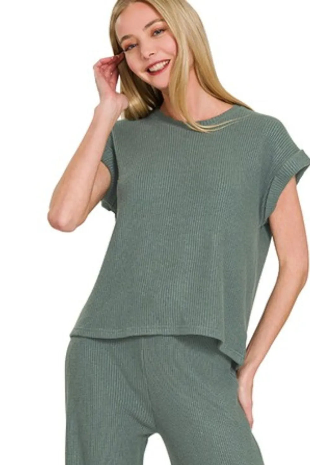 Zenana Ash Jade Rolled Sleeve Top and Pants Sweater Set