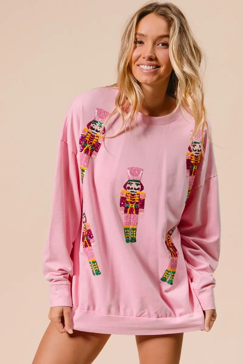BiBi Light Pink Sequin Nutcrackers Embroidery Christmas Sweatshirt