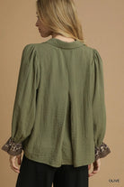 Umgee Olive Half Button Blouse with Leopard Print Trim
