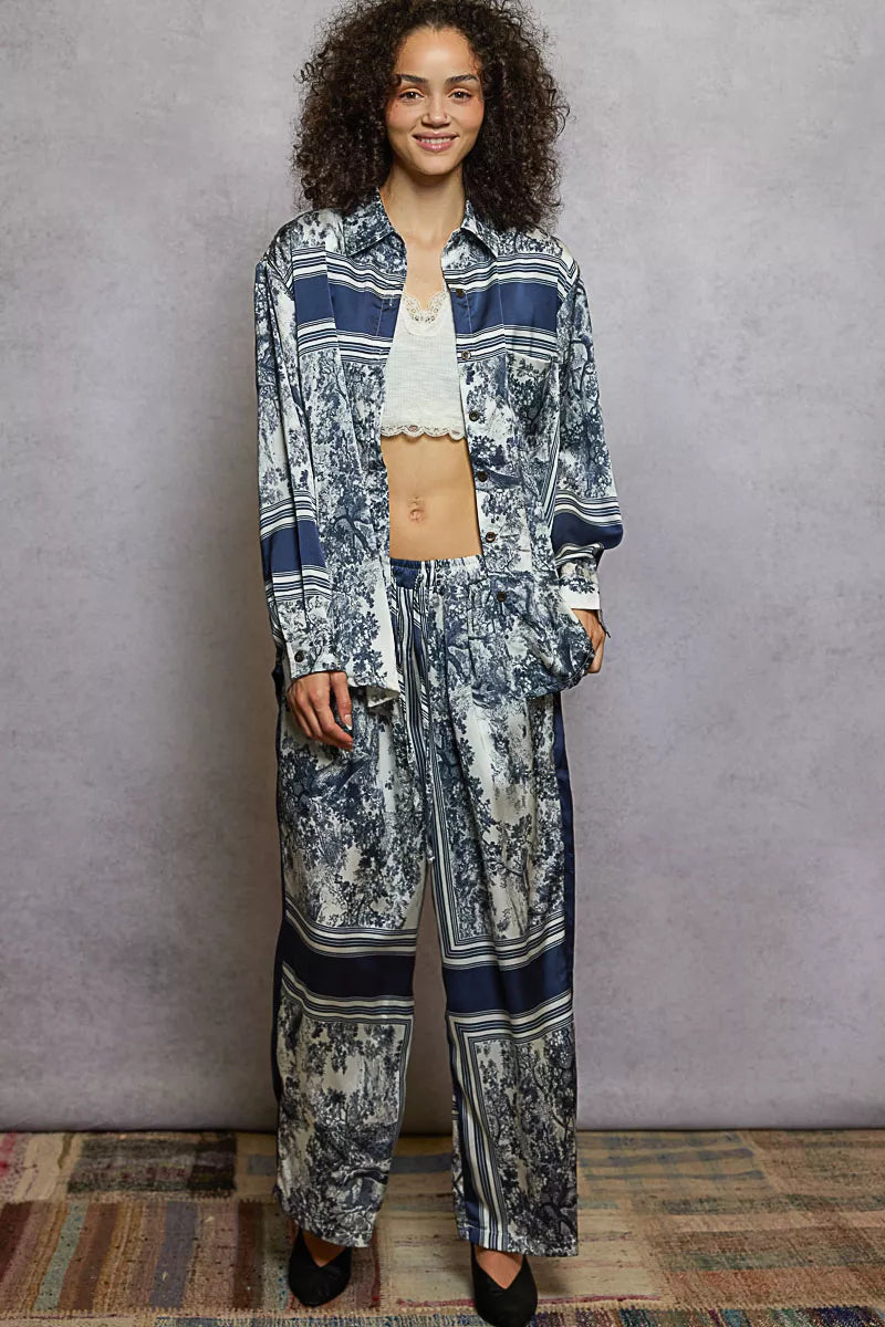 POL Ivory & Navy Floral Printed Woven Wide Leg Drawstring Pants