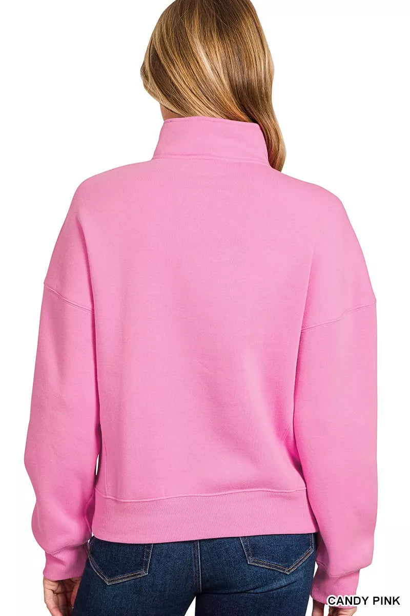 Zenana Candy Pink Fleece High Neck Half Zip Sweatshirt