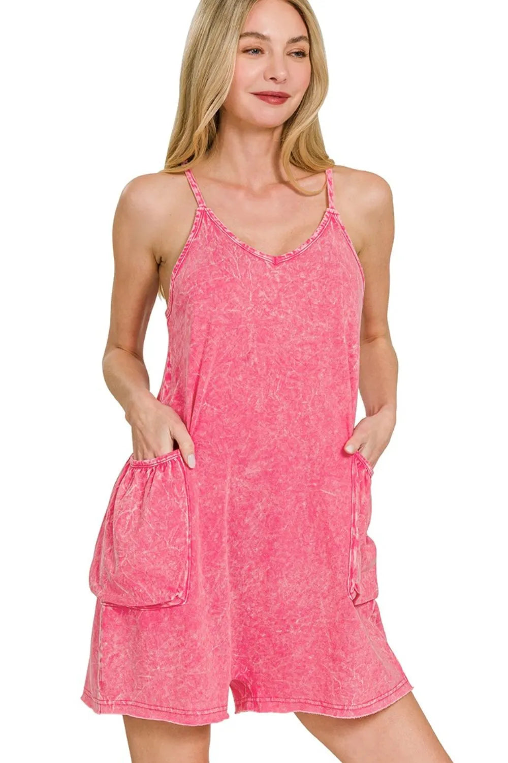 Zenana Fuchsia Acid Crinkle Washed Spaghetti Strap Romper