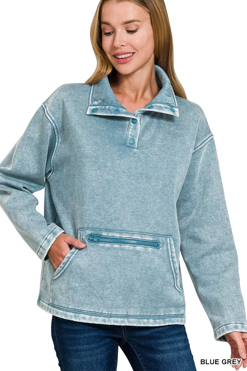 Zenana Blue Grey Fleece Washed High Neck Kangaroo Pocket Sweatshirt