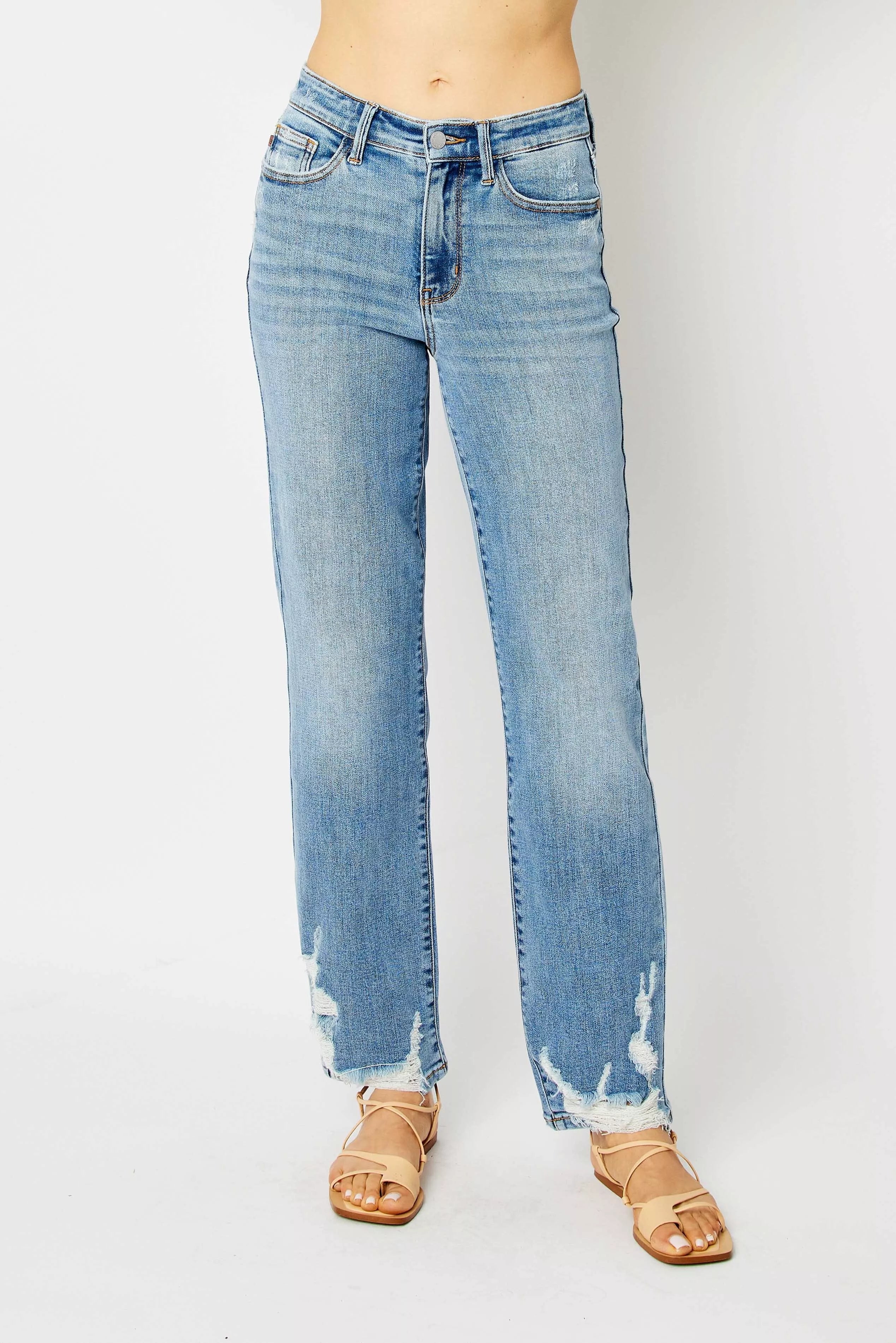 Judy Blue Medium Washed High Waist Straight Jeans with Heavy Destroy Hem MD