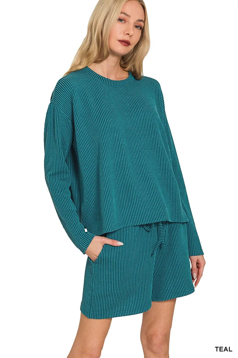 Zenana Teal Corded Rib Long Sleeve Tee and Shorts Set