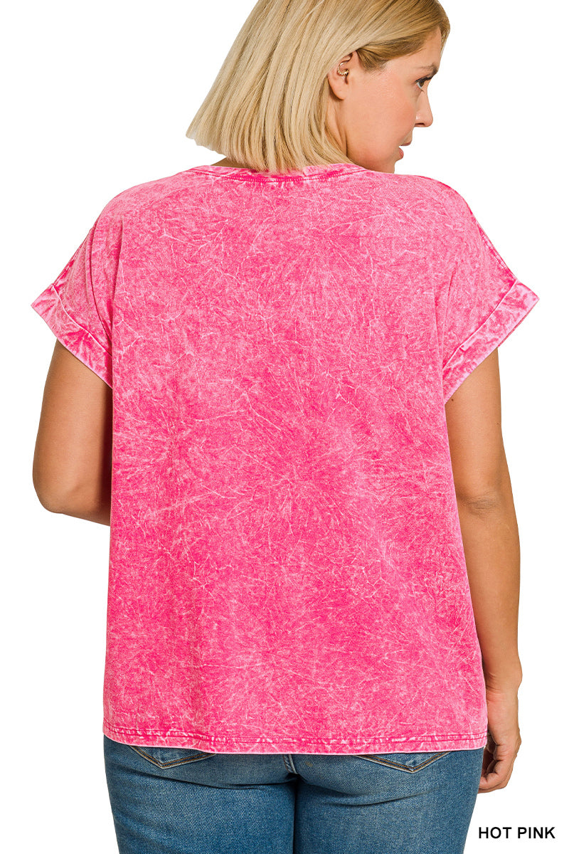 Zenana Hot Pink Crinkle Washed Round Neck Folded Short Sleeve Tee