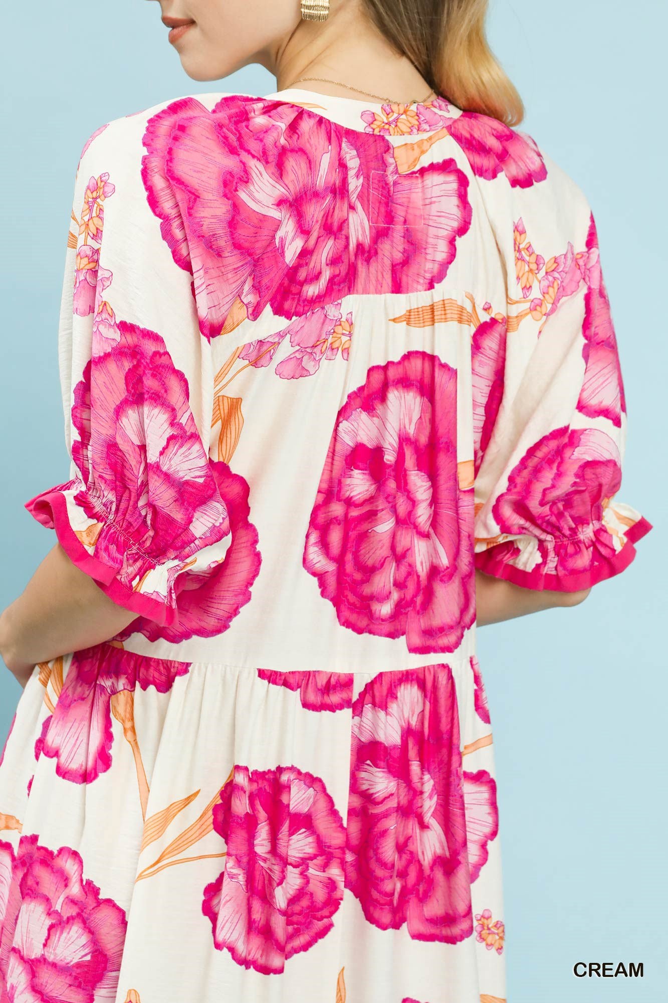 Umgee Cream Floral Print Midi Dress with Contrast Trim