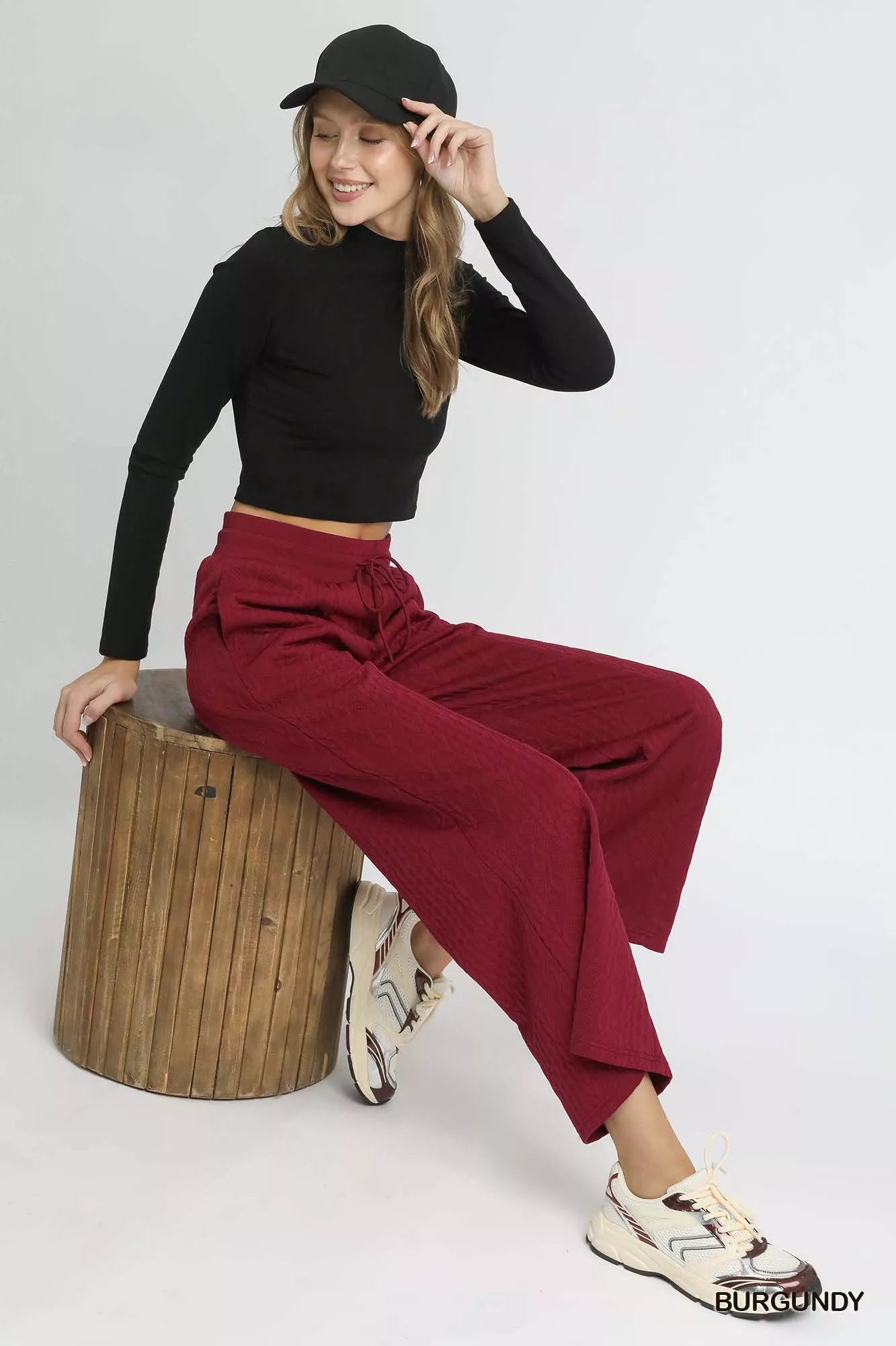 Umgee Burgundy Cable Knit Textured Wide Leg Pants