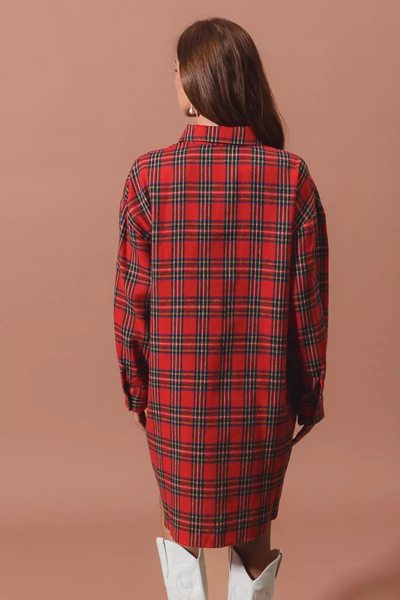 SO ME Christmas Checker Plaid Button Up Shirt Dress – Red Multi