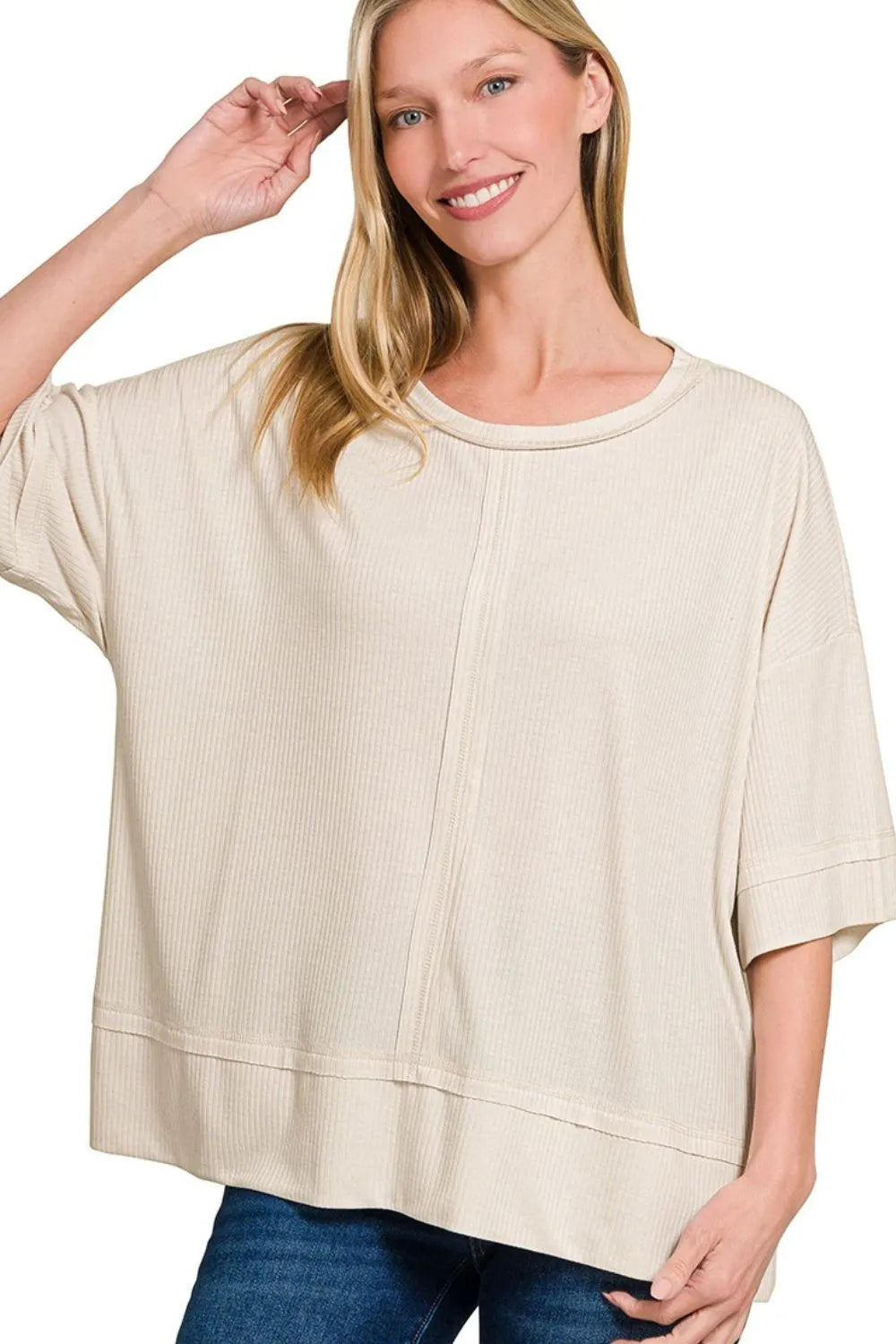 Zenana Sand Beige Ribbed Boat Neck 3/4 Sleeve Top SAND BEIGE