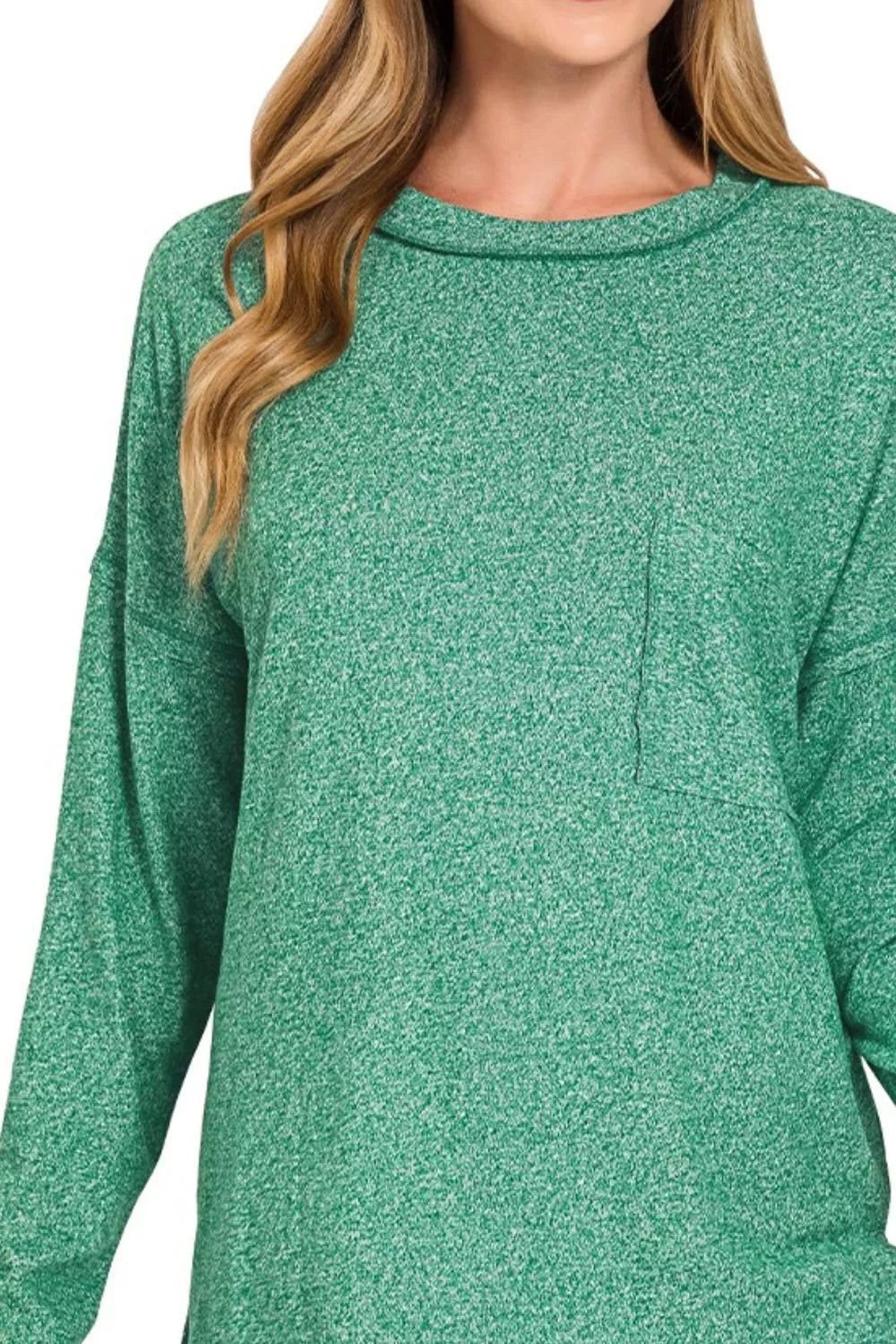 Zenana Dark Green Soft Melange Hacci Round-Neck Long Sleeve T-Shirt