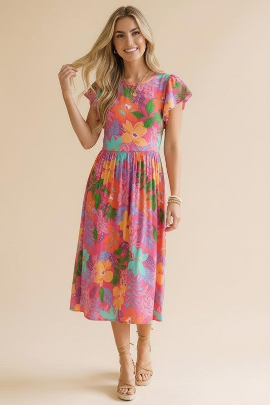 Haptics Tropical Blooms Flutter Sleeve Midi Dress