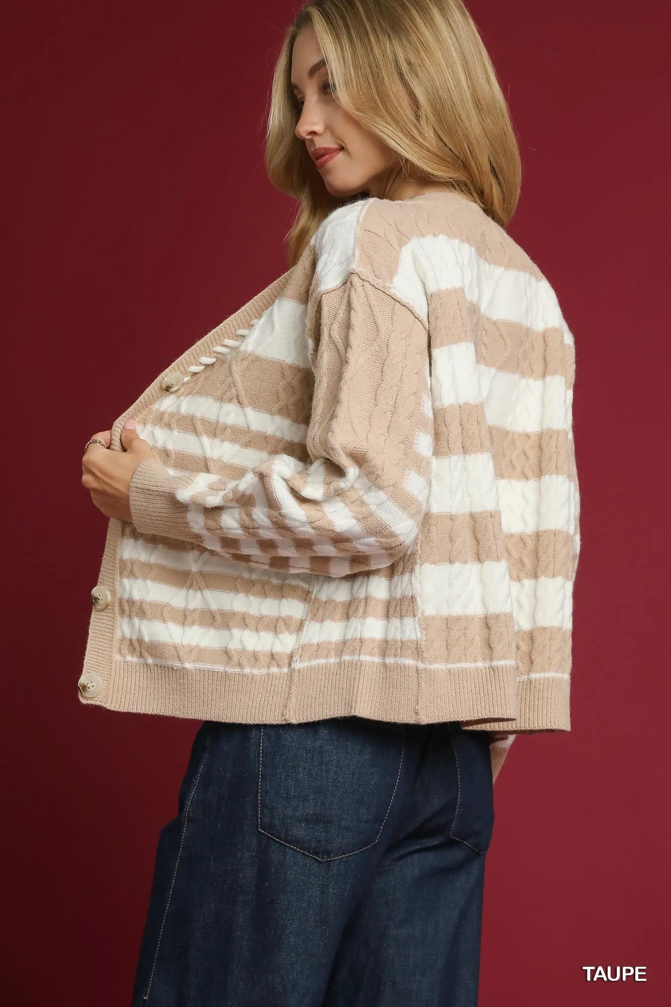 Umgee Taupe Cable-Knit Stripe Button-Up Cardigan