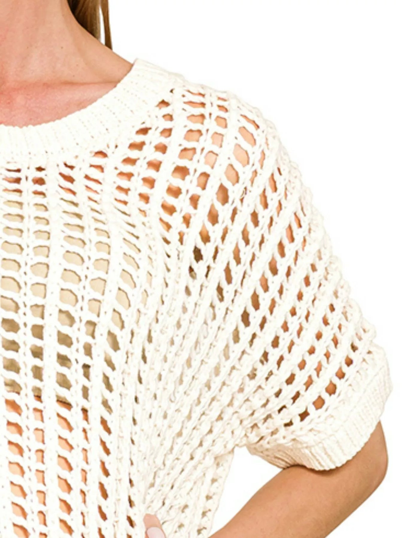 Zenana Fish Net Short Sleeve Crochet Knit Cover Up- Ivory
