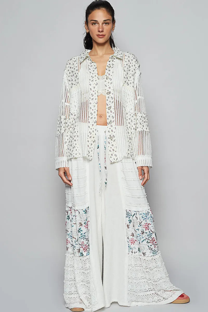 POL White Floral Crochet Patchwork Long Sleeve Shirt