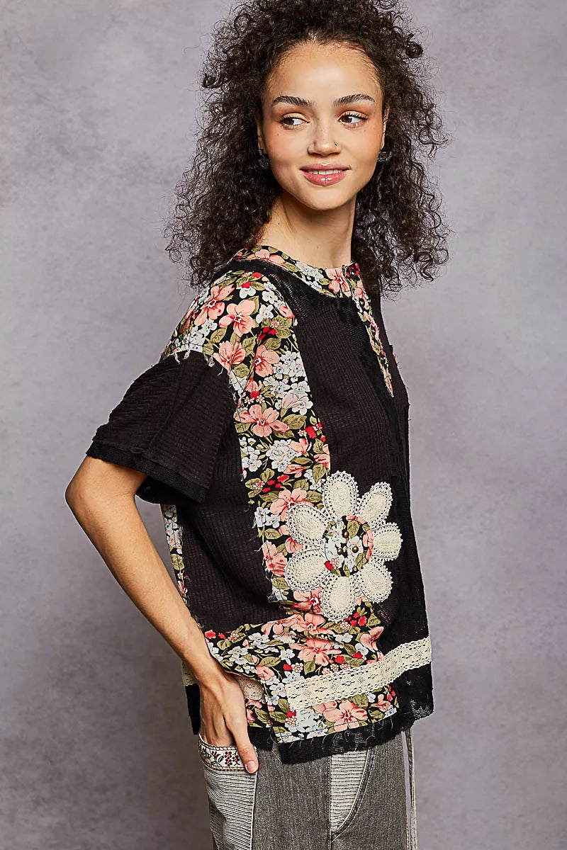 POL Black Lace Round Neck Short Sleeve Floral Pattern Top with Patch Detail