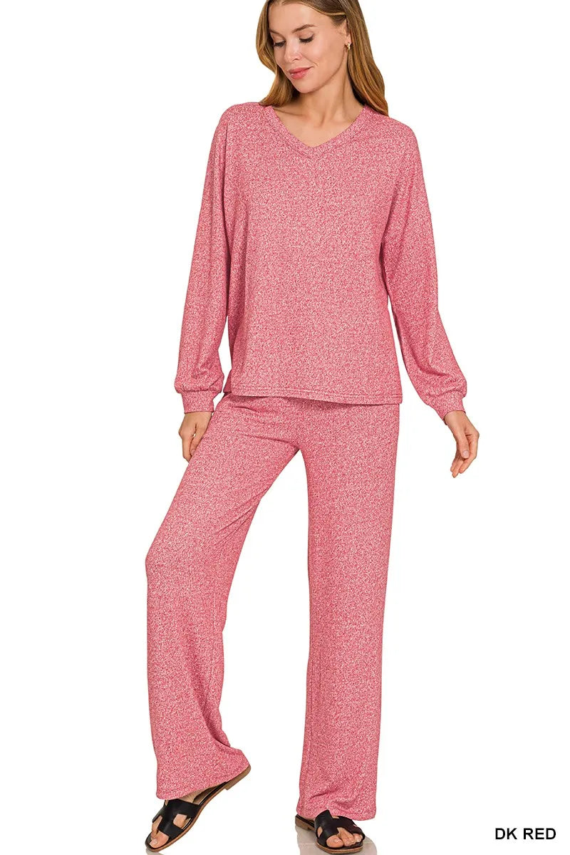 Zenana Dark Red Soft Melange Long Sleeve Tee & Pants Set